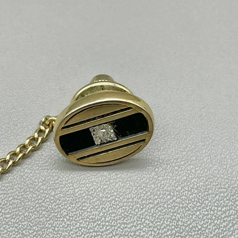 Vintage Gold Tone Genuine Diamond Black Onyx Tie Tack Men's Formal Jewelry Gift
